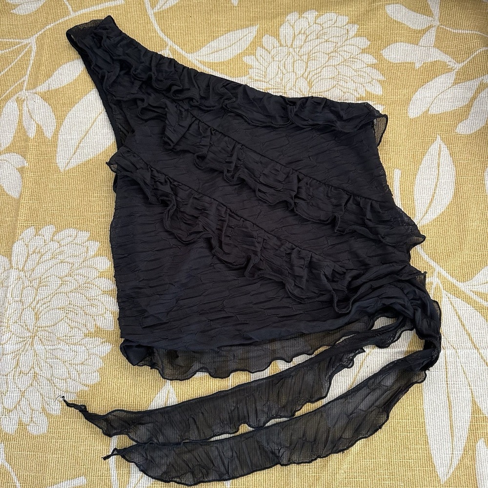Tiered Ruffled One Shoulder Crop Top Size L Black Textured Side Tie Feminine